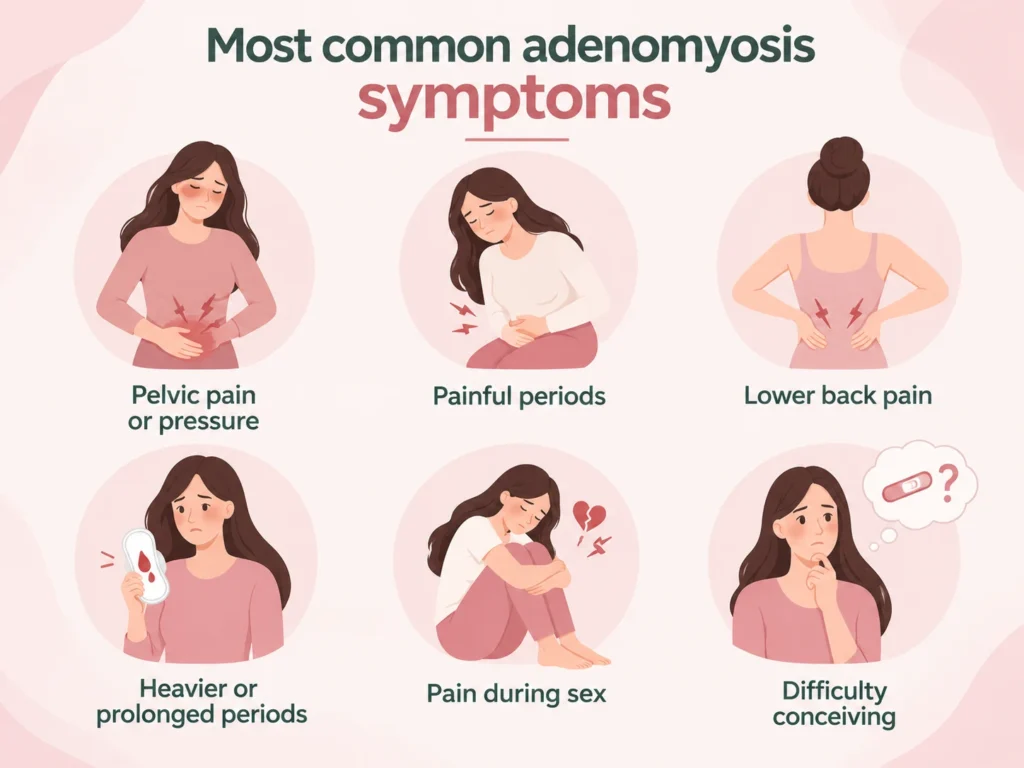 Most common adenomyosis symptoms including pelvic pain, painful periods, lower back pain, heavy or prolonged menstrual bleeding, pain during sex, and difficulty conceiving.