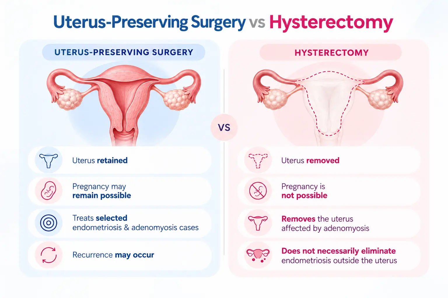 Uterus-preserving surgery vs hysterectomy for endometriosis and adenomyosis, comparing uterus retention, pregnancy options and treatment approaches