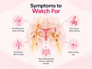 Nerve endometriosis symptoms infographic showing shooting leg pain, burning pain, pain when sitting, pain during sex, and painful urination or bowel movements.